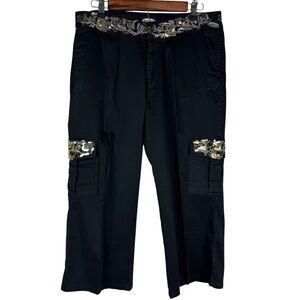 Zoey Beth‎ Gold Silver Sequin Embroidered Black Cargo Capri Pants Women's Large